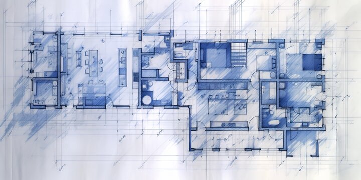 Generative AI, Blue print floor plan, architectural background, technical draw
