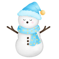 The snowman wears a blue hat and a blue scarf