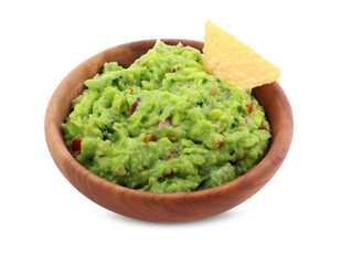 Bowl of delicious guacamole with nachos chips isolated on white