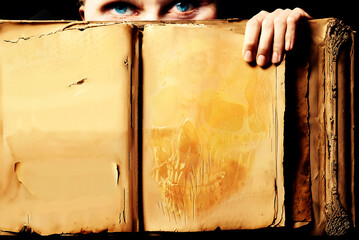A blue-eyed person holds an open, damaged old book with a human skull on its page. He is peeking behind the book. There is a lot of copy space.