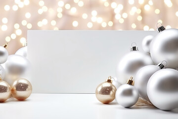 Blank paper and Christmas balls on blurred festive shining background
