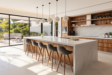 Modern luxury design kitchen room interior, dining island table with chairs - Powered by Adobe