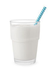 Glass of fresh milk with straw isolated on white