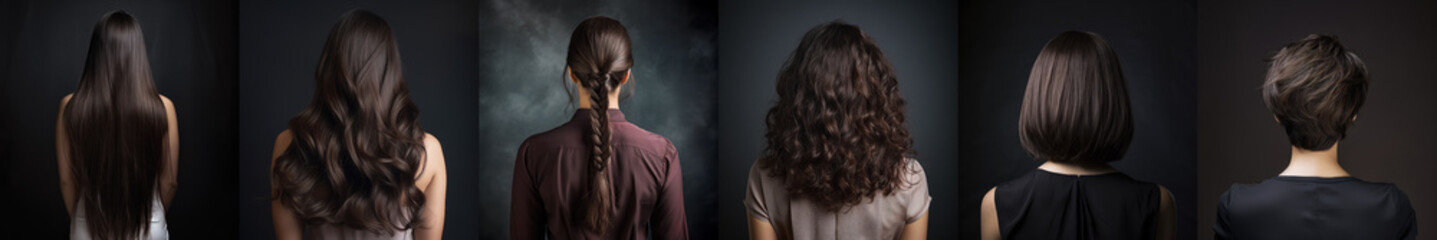 Various haircuts for woman with dark brown hair - long straight, wavy, braided ponytail, small perm, bobcut and short hairs. View from behind on black background. Generative AI