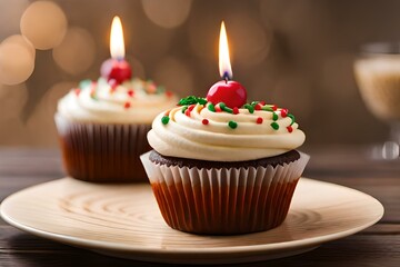 Candles and sparkler on cupcakes. The candles flicker softly, casting a warm and soothing light on the cupcakes - AI Generative