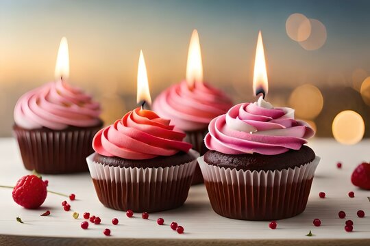 Candles and sparkler on cupcakes. The candles flicker softly, casting a warm and soothing light on the cupcakes - AI Generative