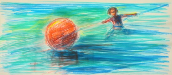 Obraz na płótnie Canvas Kids crayon drawing playing ball in pool with brother With copyspace for text