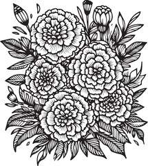 Marigold tattoo, black and white vector sketch illustration of floral ornament bouquet of marigold simplicity, Embellishment, zentangle design element for card printing coloring pages, detailed flower