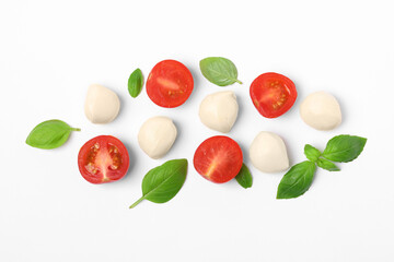 Mozzarella, tomatoes and basil on white background, flat lay. Caprese salad ingredients