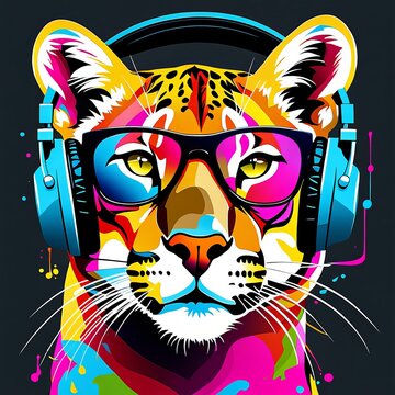image of a puma with heaphones and glasses on a bright abstract background   created with generative AI software