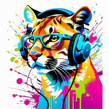 image of a puma with heaphones and glasses on a bright abstract background   created with generative AI software