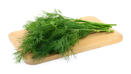 Wooden board with fresh dill isolated on white