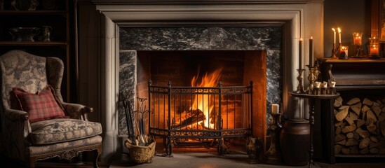 Country house setting with roaring fire and marble fireplace With copyspace for text - obrazy, fototapety, plakaty