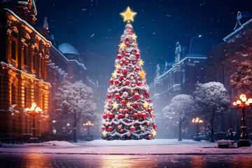 Naklejka premium large illuminated christmas tree in the city at night