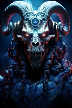  Scary warrior from the future with evil eyes and scary armor