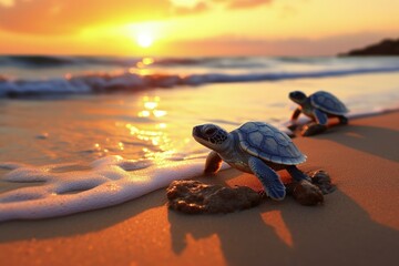 Baby turtle on the sea sand, sunset bokeh background. Generative AI