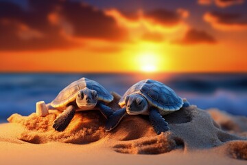 Baby turtle on the sea sand, sunset bokeh background. Generative AI