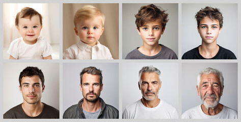 collage of caucasian racial male portraits of different ages, made with generative AI