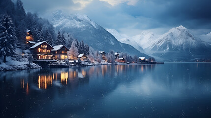 cute little snowy town by the lake - Christmas time  - obrazy, fototapety, plakaty