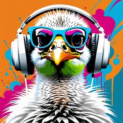 a bright image of an ostrich wearing glasses and headphones was created using artificial intelligence