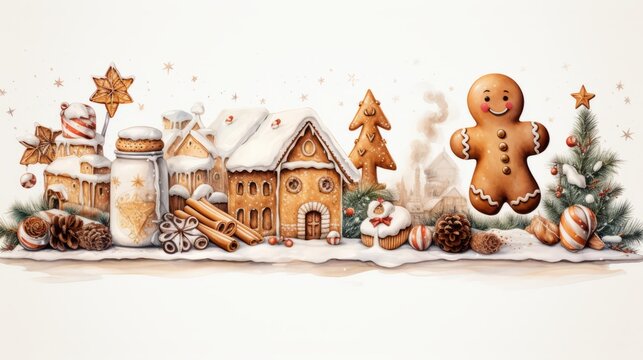 Various Christmas gingerbread cookies. Children's illustration in pencil. Horizontal banking background for web. Photo AI Generated