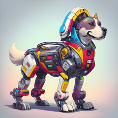 Robot with headphones and a dog on wheels. 3d illustration