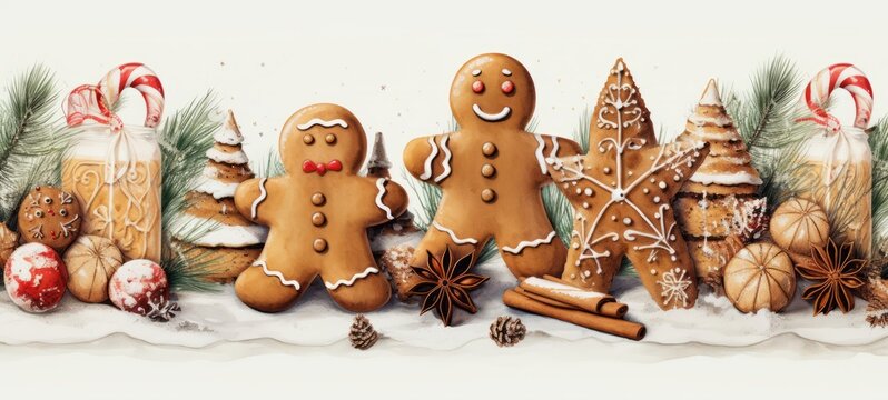 Paint Illustrations of Different Christmas Gingerbread Cookies with Kid. Christmas Cookies. Horizontal banking poster background for advertisement. Photo AI Generated