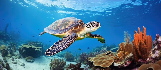 Fototapeta premium Caribbean scuba diving with Hawksbill turtle over Riviera Maya reef in Mexico With copyspace for text