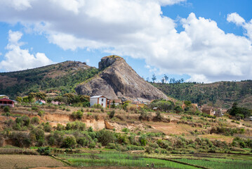 Local Madagascar village landscape with mountain looks like a sleeping King Kong