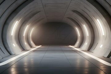 Futuristic concrete tunnel with long corridor, floor, and textured walls. Generative AI
