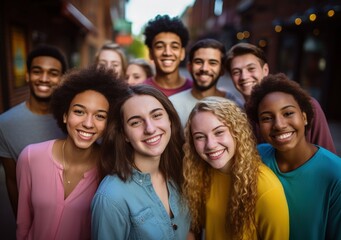 A group of smiling young people of different ethnicities, cultural diversity. Generative AI - obrazy, fototapety, plakaty