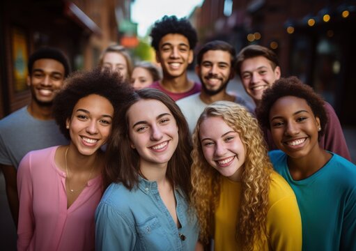 A group of smiling young people of different ethnicities, cultural diversity. Generative AI