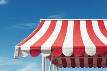 Illustration of a red and white striped awning, blue background. Generative AI