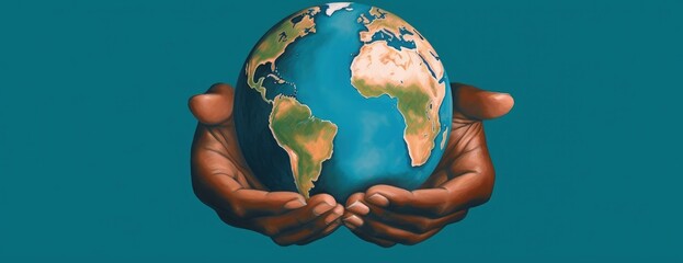Illustration of hands holding a globe, blue background. Generative AI - obrazy, fototapety, plakaty