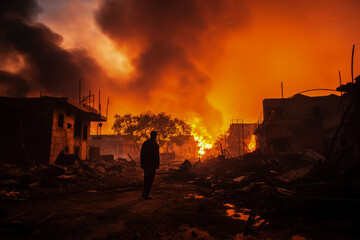 Fiery skies glare over smoldering ruins baring Gazas fiery conflict aftermath  - obrazy, fototapety, plakaty