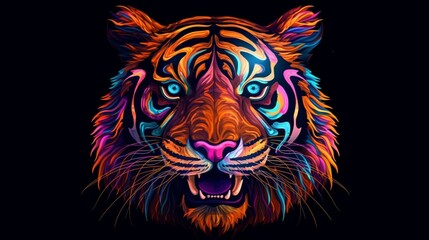 an original illustration of a neon tiger on a black.Generative AI