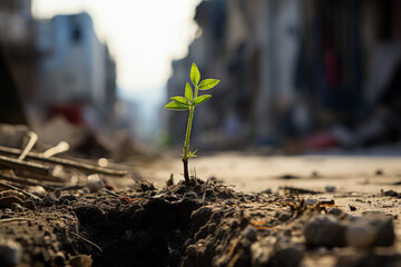 Astonishing resilience: Green sprouts emerging from the rubble-strewn streets of Gaza  - obrazy, fototapety, plakaty
