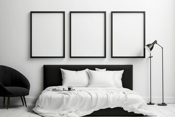 Three black frames on a dazzling white wall in a frame mockup for a contemporary bedroom, illustration. Generative AI