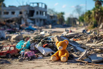 Childrens toys scattered amongst rubble subtle testimonies of Gazas displaced youth  - obrazy, fototapety, plakaty