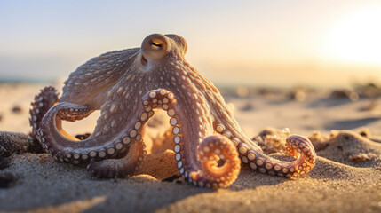 Fototapeta premium Close-up photo of an octopus on a sandy beach bathed in the soft morning sunlight