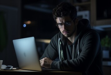 Young man working late at night in dark office with computer laptop computer and eyeglasses