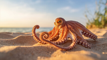 Close-up photo of an octopus on a sandy beach bathed in the soft morning sunlight