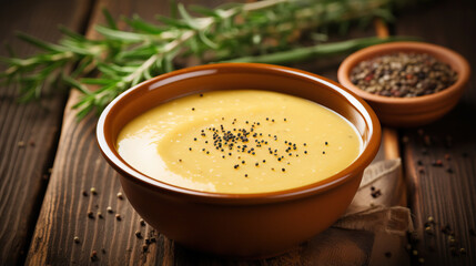 Mustard sauce in bowl with thyme and mustard seeds on wooden background
