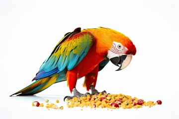 A colorful full-length macaw parrot eats grain, bird food on a white background. Concept for pet shop or veterinary clinic