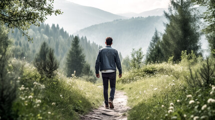 A man walks in nature to reduce anxiety. - obrazy, fototapety, plakaty