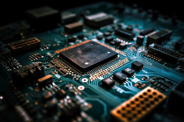 Explore the intricate details of a computer motherboard, emphasizing the advanced technology embedded in its microchip. Ai generated