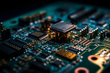 Fototapeta premium Explore the intricate details of a computer motherboard, emphasizing the advanced technology embedded in its microchip. Ai generated