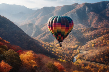 Experience the breathtaking sight of a vibrant hot air balloon soaring gracefully against the majestic backdrop of mountain landscapes. Ai generated