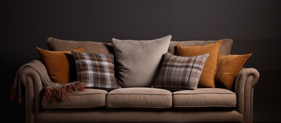 Brown tweed sofa with patterned grey pillows With copyspace for text