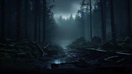 An enigmatic, murky, forestscape with a moody and secretive aura, imbued by a misty atmosphere and dramatic lighting. - obrazy, fototapety, plakaty